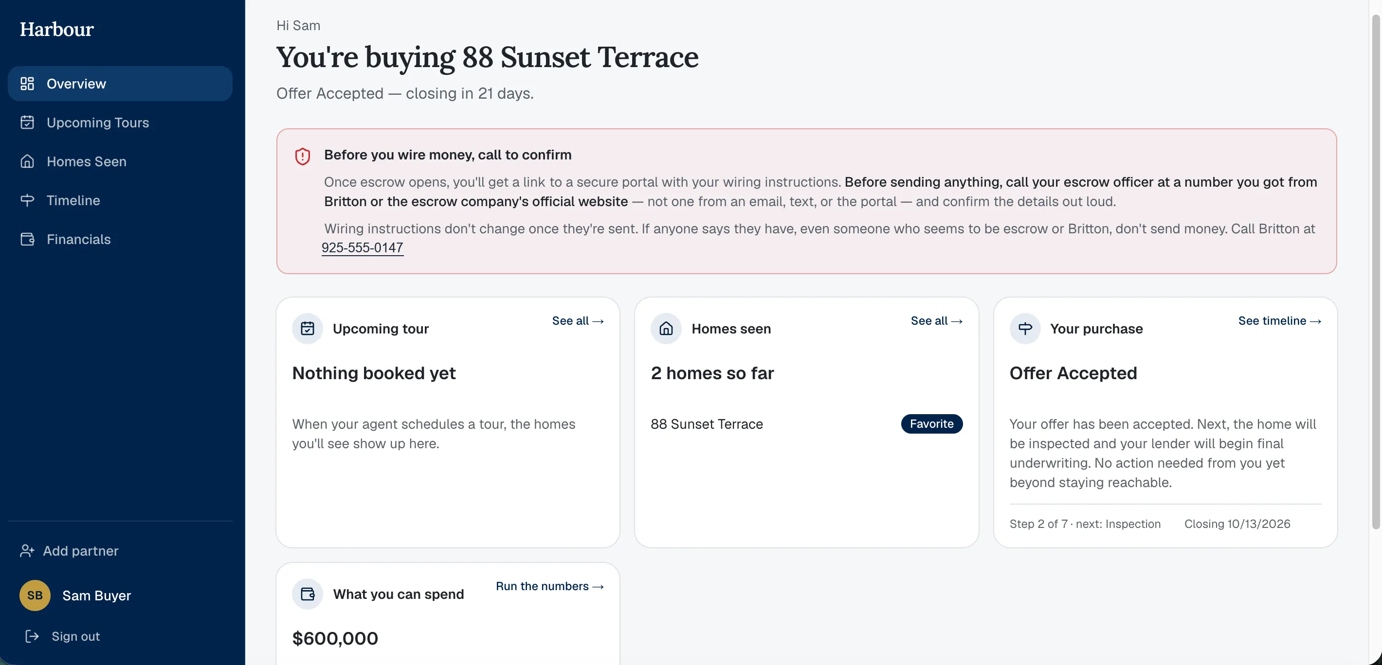 Harbour’s client overview: a plain-language status line, a wire fraud warning, and cards for upcoming tours, homes seen, and the purchase timeline.